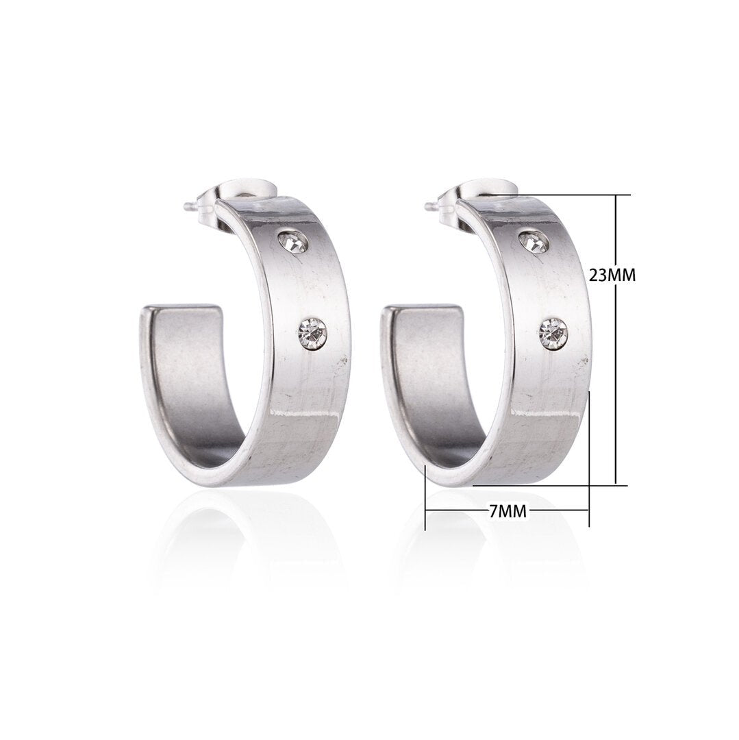 Oorbellen – 23mm Hoepel Creool 2 Zirkonia RVS Zilverkleur Unisex - Aramat Jewels - Oorringen - cadeautip