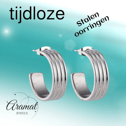 Oorbellen – 23mm Hoepel Creool 4 Lijnen RVS Zilverkleur Unisex - Aramat Jewels - Oorringen - cadeautip