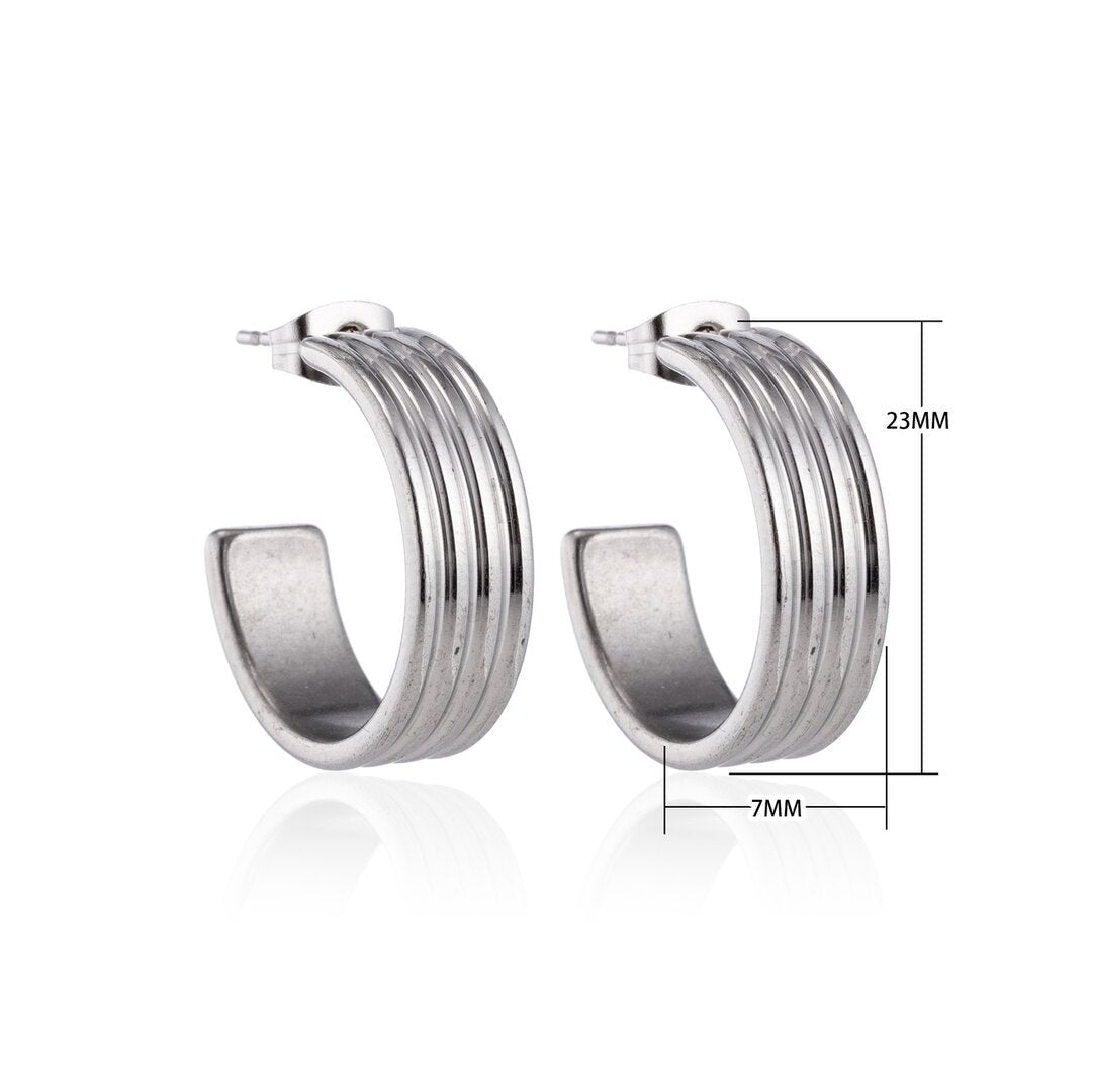 Oorbellen – 23mm Hoepel Creool 4 Lijnen RVS Zilverkleur Unisex - Aramat Jewels - Oorringen - cadeautip