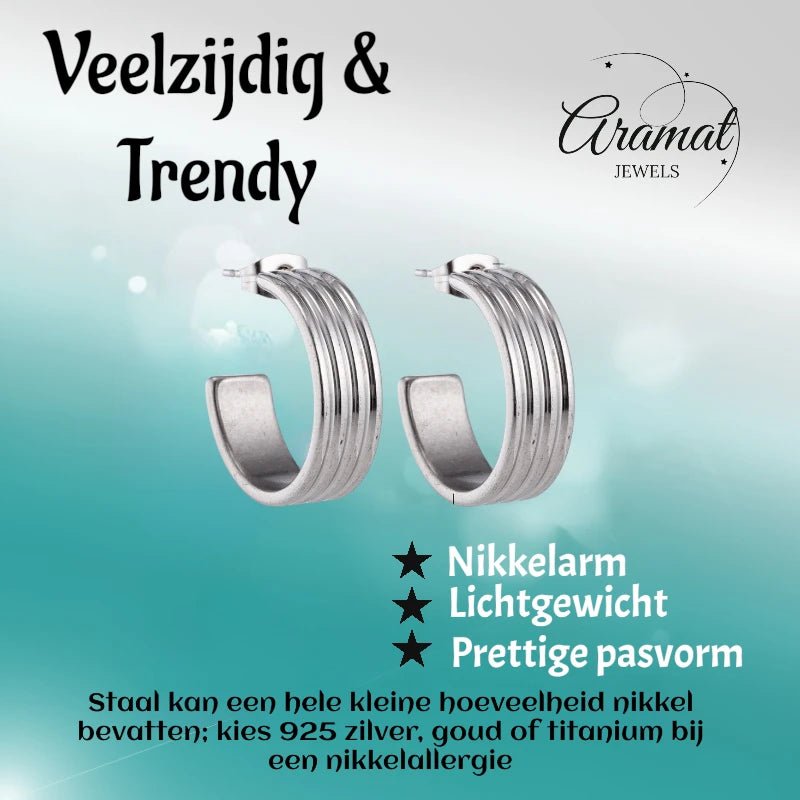 Oorbellen – 23mm Hoepel Creool 4 Lijnen RVS Zilverkleur Unisex - Aramat Jewels - Oorringen - cadeautip