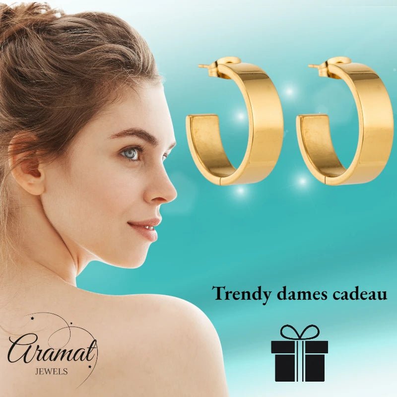 Oorbellen – 23mm Hoepel Creool Glad RVS Goudkleur Modern Unisex - Aramat Jewels - Oorringen - cadeautip