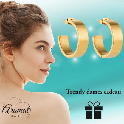 Oorbellen – 23mm Hoepel Creool Glad RVS Goudkleur Modern Unisex - Aramat Jewels - Oorringen - cadeautip