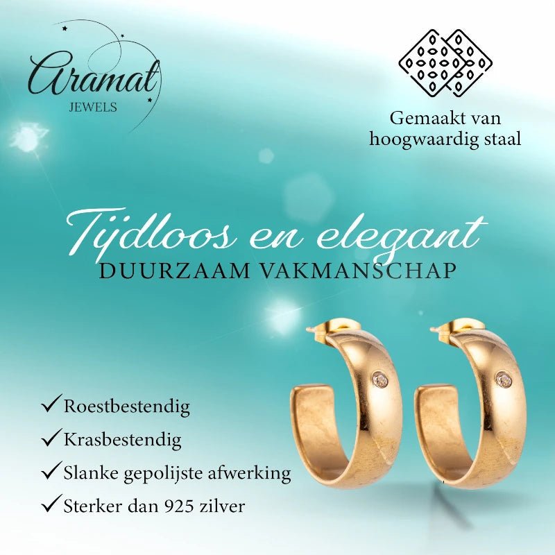 Oorbellen – 23mm Hoepel Creool Zirkonia Accent RVS Goudkleur Unisex - Aramat Jewels - Oorringen - cadeautip