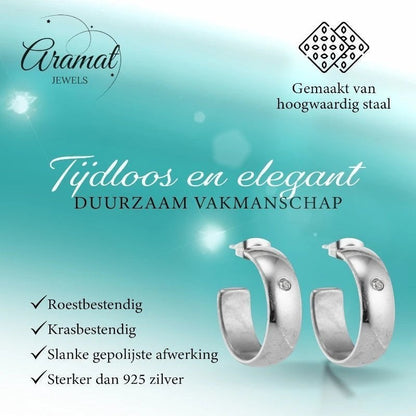 Oorbellen – 23mm Hoepel Creool Zirkonia Accent RVS Zilverkleur Unisex - Aramat Jewels - Oorringen - cadeautip