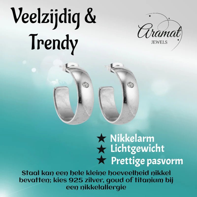 Oorbellen – 23mm Hoepel Creool Zirkonia Accent RVS Zilverkleur Unisex - Aramat Jewels - Oorringen - cadeautip