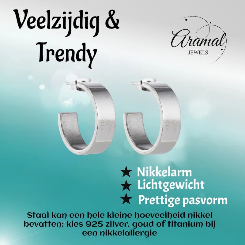 Oorbellen – 28mm Half - Hoop Glad RVS Zilverkleur Unisex - Aramat Jewels - Oorringen - cadeautip
