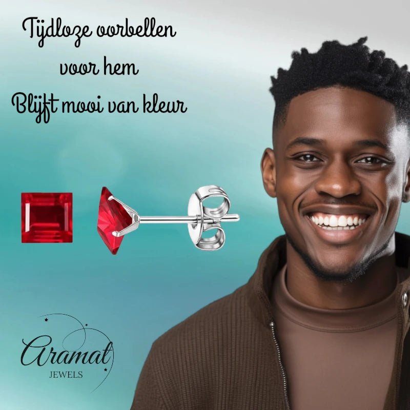 Oorbellen – 6mm Vierkante Zirkonia Rood op RVS Zilverkleur - Aramat Jewels - Oorbellen - cadeautip