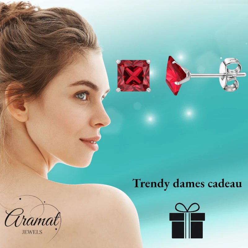 Oorbellen – 7mm Vierkante Zirkonia Rood op RVS Zilverkleur - Aramat Jewels - Oorbellen - cadeautip