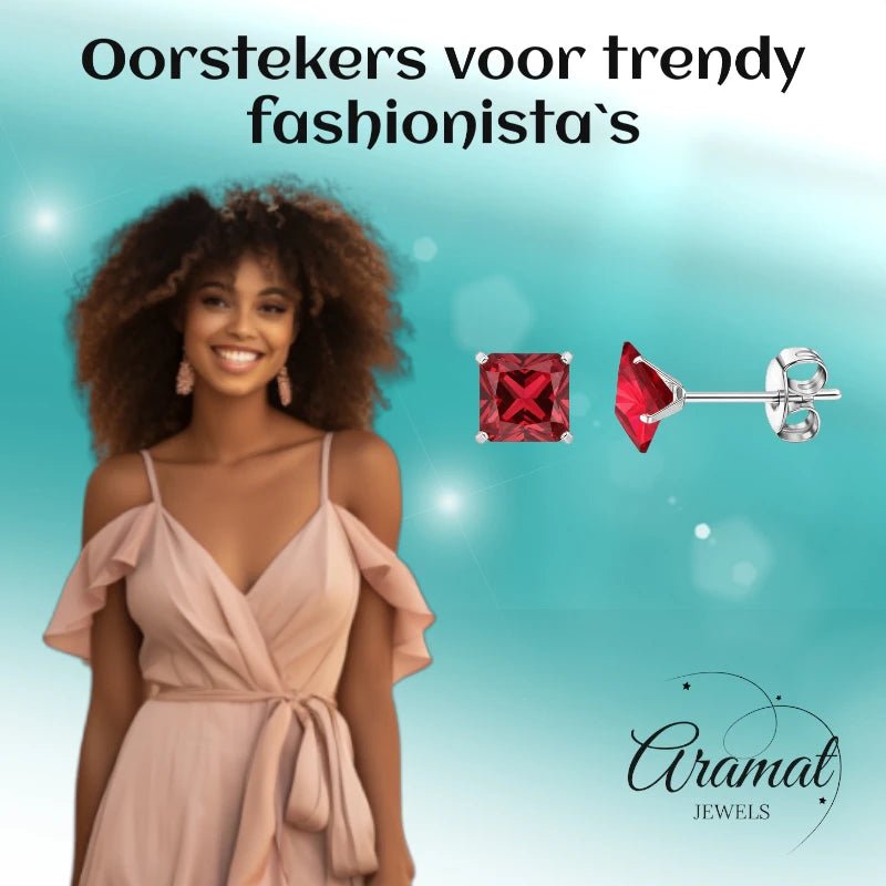 Oorbellen – 7mm Vierkante Zirkonia Rood op RVS Zilverkleur - Aramat Jewels - Oorbellen - cadeautip