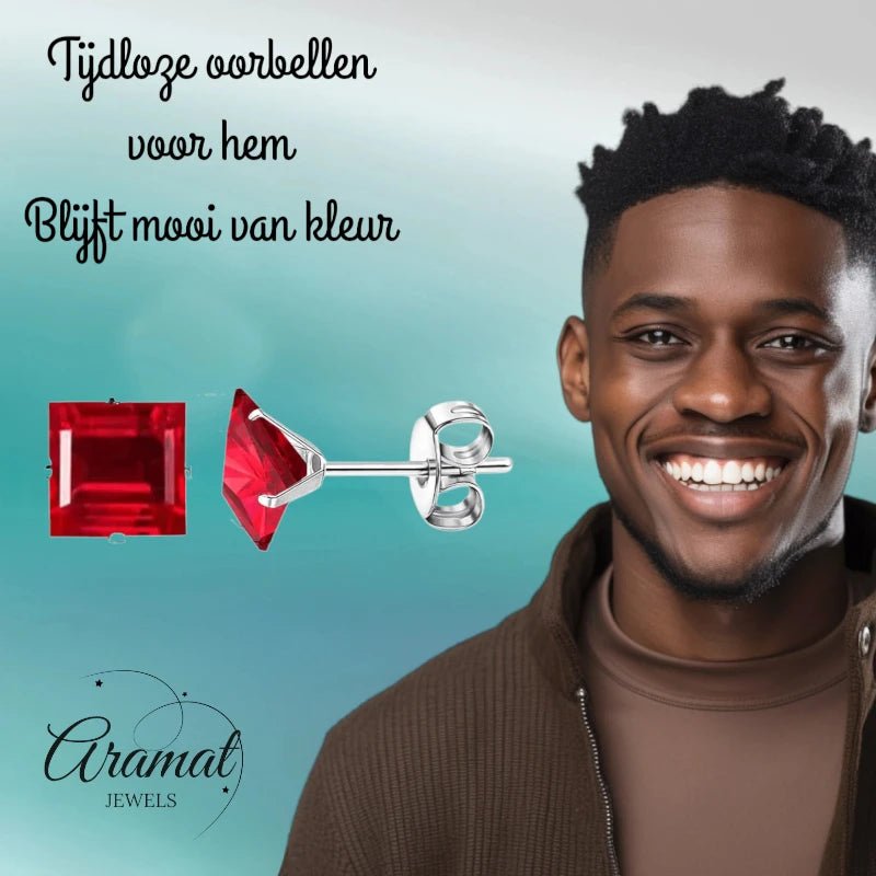 Oorbellen – 8mm Vierkante Zirkonia Rood op RVS Zilverkleur - Aramat Jewels - Oorbellen - cadeautip