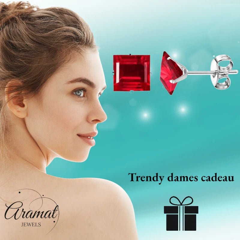Oorbellen – 8mm Vierkante Zirkonia Rood op RVS Zilverkleur - Aramat Jewels - Oorbellen - cadeautip