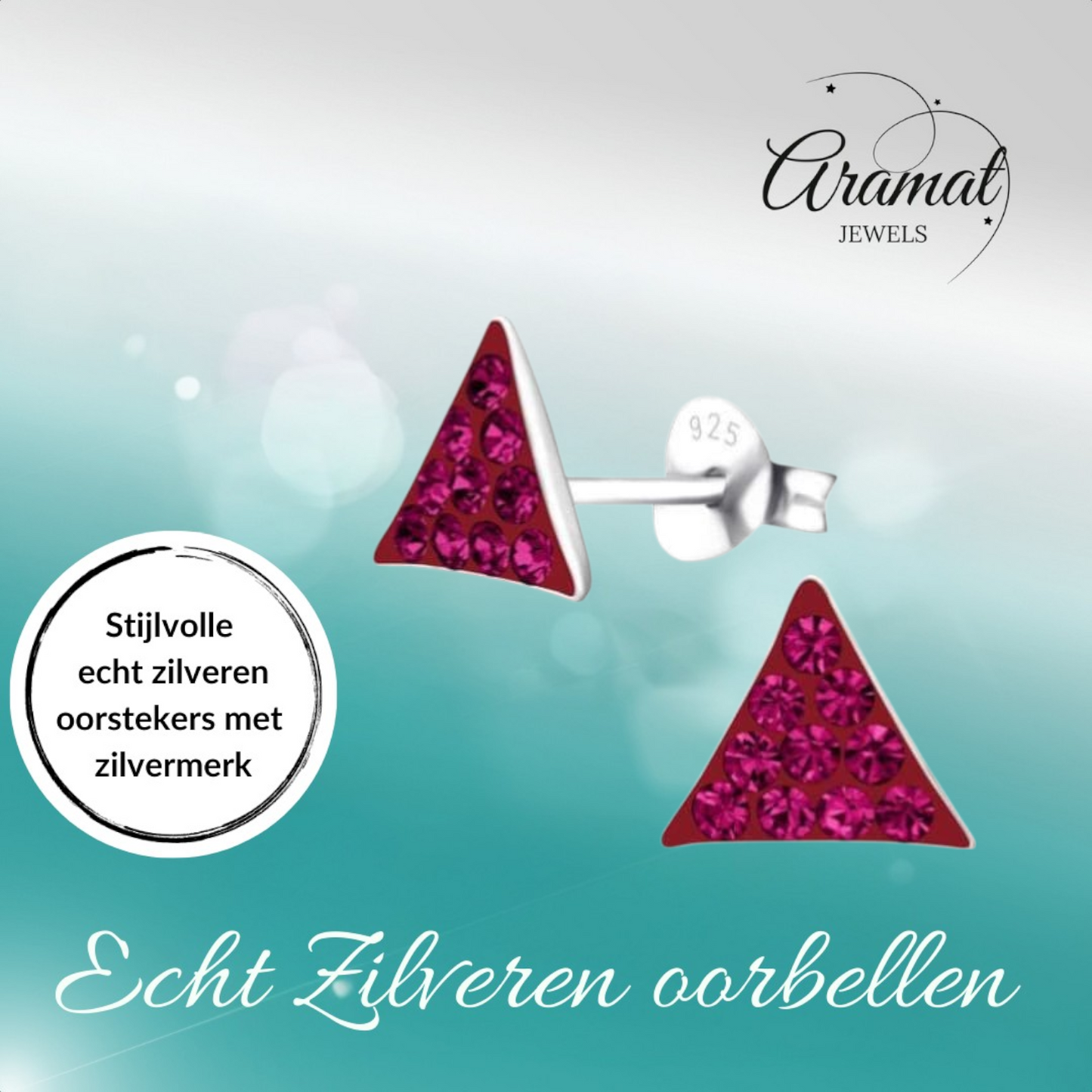 Boucles d'oreilles puces argentées triangulaires en cristal rose fuchsia