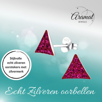 Boucles d'oreilles puces argentées triangulaires en cristal rose fuchsia