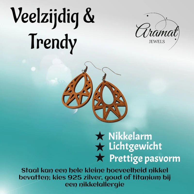 Oorbellen – Elegante Houten Oorhangers Druppelvorm Bruin Opgewerkt Motief Dames - Aramat Jewels - Oorhangers - cadeautip