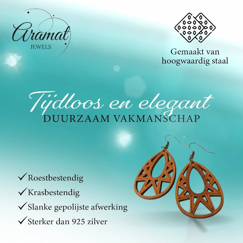Oorbellen – Elegante Houten Oorhangers Druppelvorm Bruin Opgewerkt Motief Dames - Aramat Jewels - Oorhangers - cadeautip