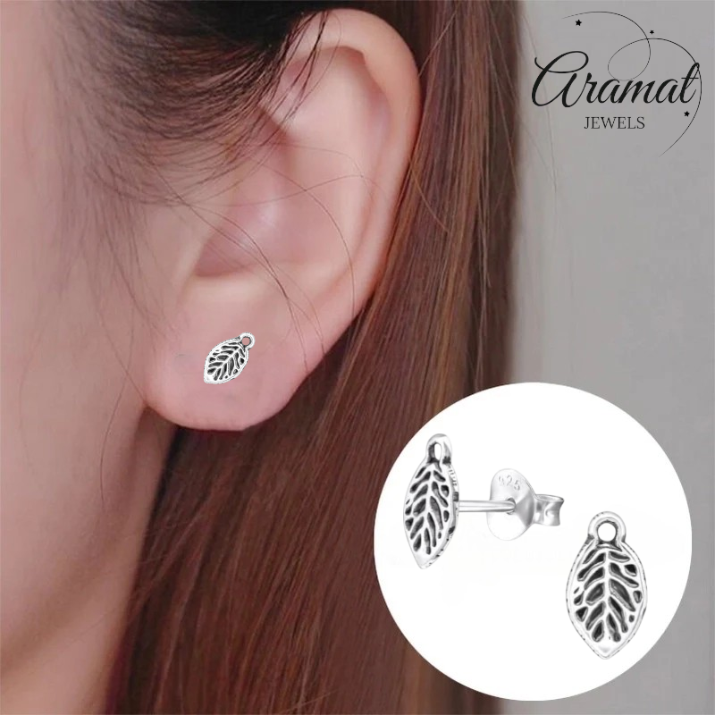 Boucles d'oreilles feuilles d'argent, style antique – 9 x 5 mm