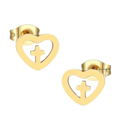 Boucles d'oreilles cœur en acier avec croix - Couleur or - 9 mm