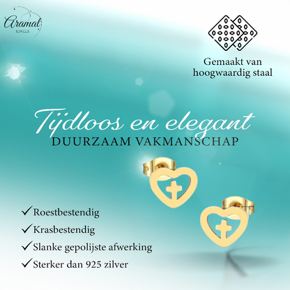 Stalen Hartjes Oorbellen met kruisje – Goudkleur – 9mm