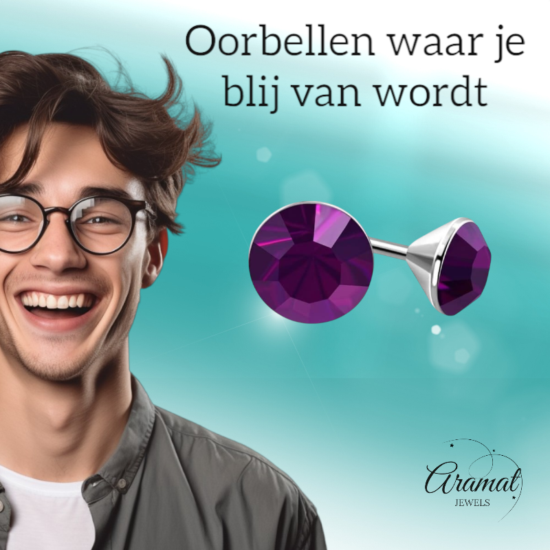 Stalen Kristal Oorbellen met paars steentje – Zilverkleur – 3mm