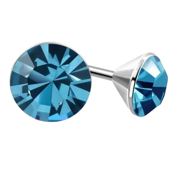 Boucles d'oreilles en acier et cristal avec pierre bleu saphir – Couleur argent – ​​3 mm