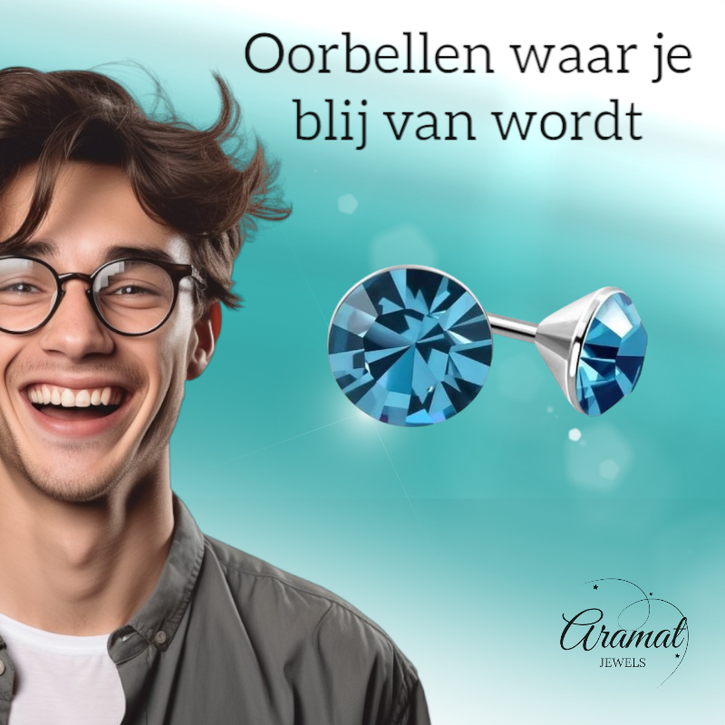 Boucles d'oreilles en acier et cristal avec pierre bleu saphir – Couleur argent – ​​3 mm