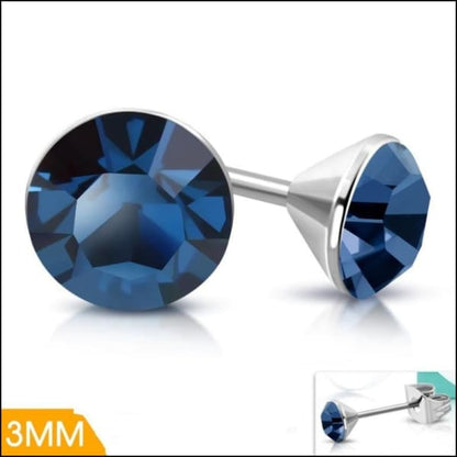 Boucles d'oreilles en acier et cristal avec pierre bleu denim – Couleur argent – ​​3 mm