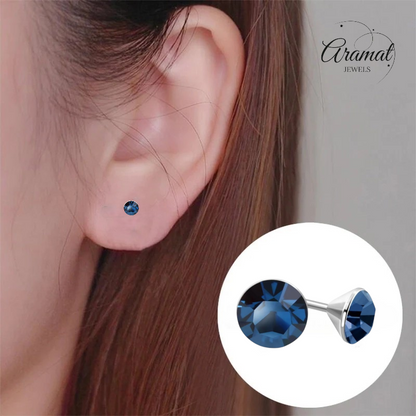 Boucles d'oreilles en acier et cristal avec pierre bleu denim – Couleur argent – ​​3 mm