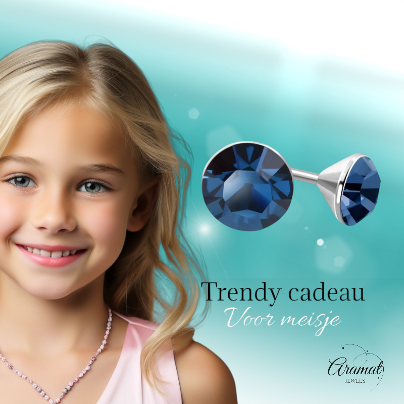 Boucles d'oreilles en acier et cristal avec pierre bleu denim – Couleur argent – ​​3 mm