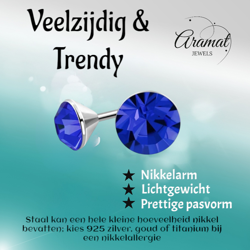 Boucles d'oreilles en acier et cristal avec pierre bleu roi – Couleur argent – ​​3 mm