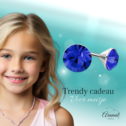 Boucles d'oreilles en acier et cristal avec pierre bleu roi – Couleur argent – ​​3 mm