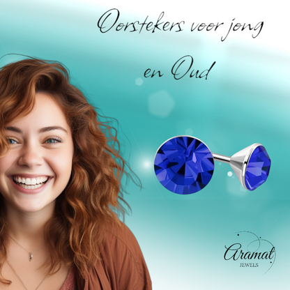 Boucles d'oreilles en acier et cristal avec pierre bleu roi – Couleur argent – ​​3 mm