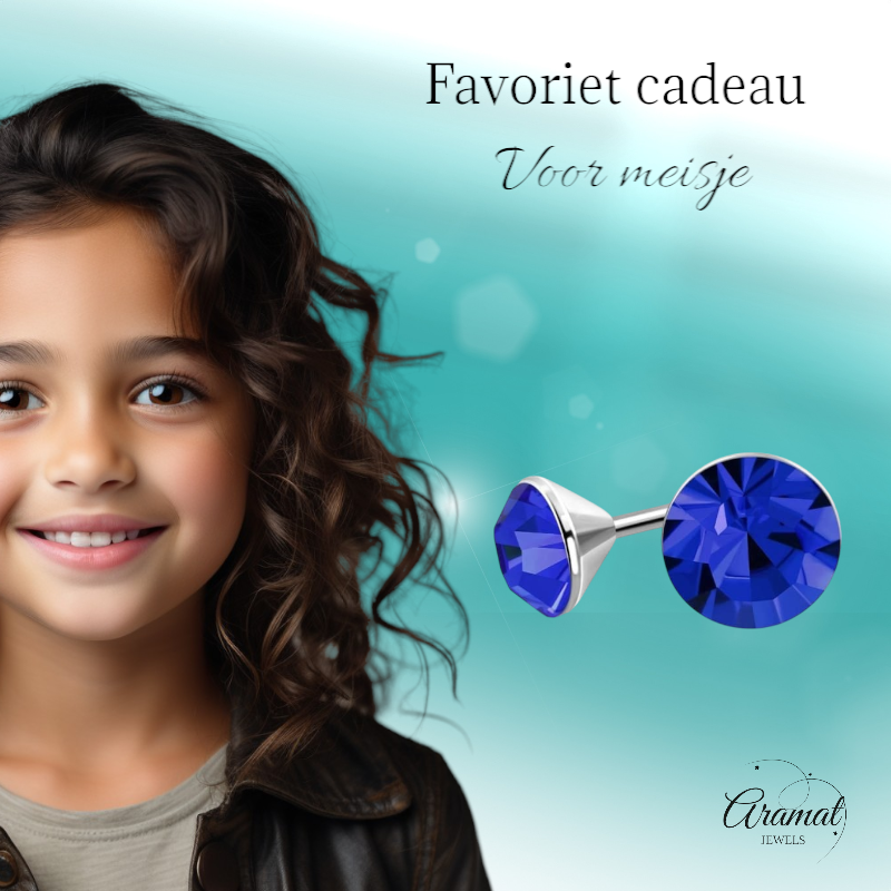 Boucles d'oreilles en acier et cristal avec pierre bleu roi – Couleur argent – ​​3 mm