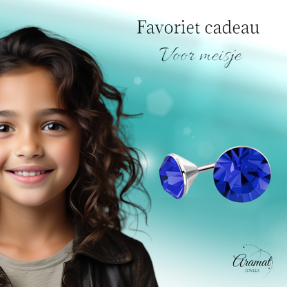 Boucles d'oreilles en acier et cristal avec pierre bleu roi – Couleur argent – ​​3 mm