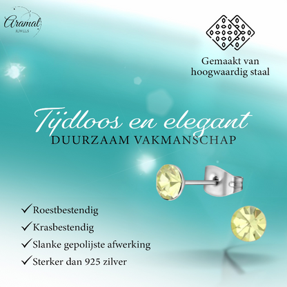 Boucles d'oreilles en acier et cristal avec pierre de jonquille – Couleur argent – ​​5 mm