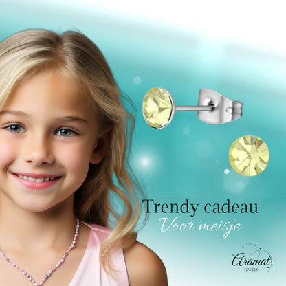 Boucles d'oreilles en acier et cristal avec pierre de jonquille – Couleur argent – ​​5 mm