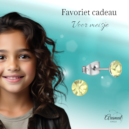 Boucles d'oreilles en acier et cristal avec pierre de jonquille – Couleur argent – ​​5 mm