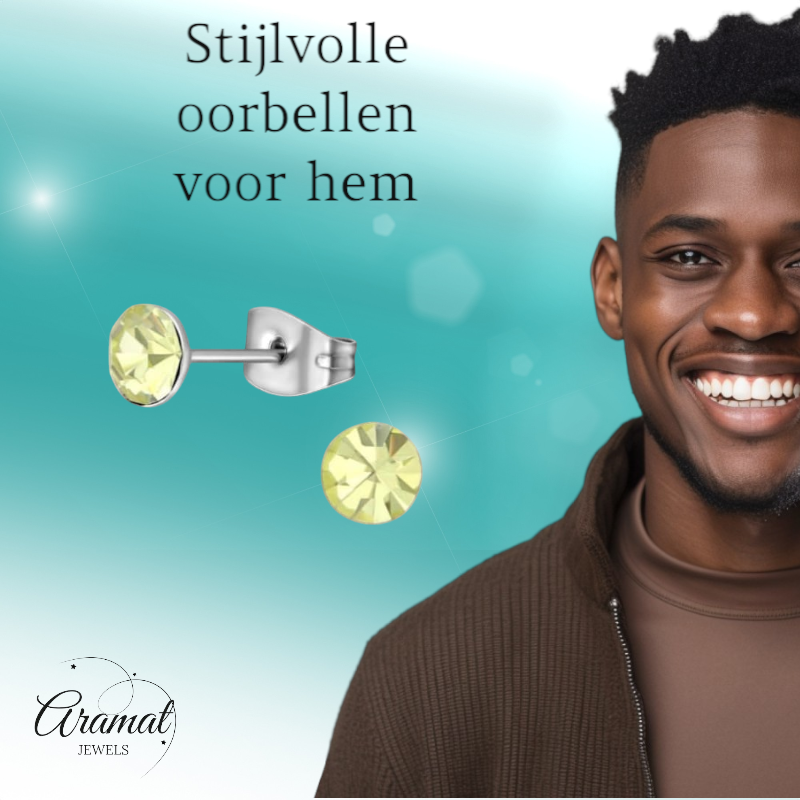 Boucles d'oreilles en acier et cristal avec pierre de jonquille – Couleur argent – ​​5 mm