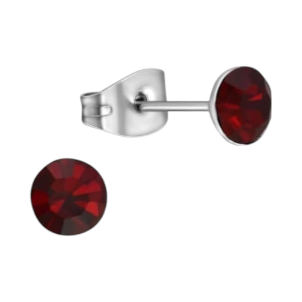 Boucles d'oreilles en acier et cristal avec pierre rouge foncé – Couleur argent – ​​5 mm