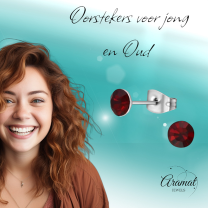 Boucles d'oreilles en acier et cristal avec pierre rouge foncé – Couleur argent – ​​5 mm