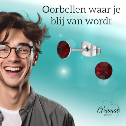 Boucles d'oreilles en acier et cristal avec pierre rouge foncé – Couleur argent – ​​5 mm