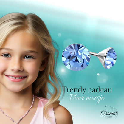 Boucles d'oreilles en acier et cristal avec pierre bleu clair – Couleur argent – ​​3 mm