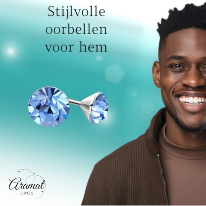 Boucles d'oreilles en acier et cristal avec pierre bleu clair – Couleur argent – ​​3 mm