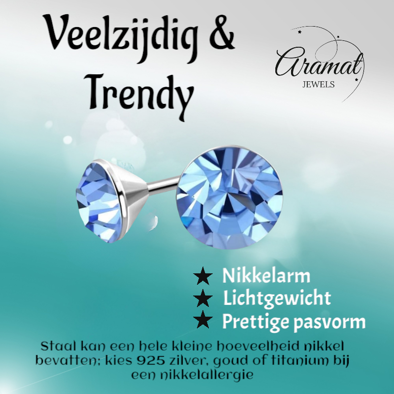 Boucles d'oreilles en acier et cristal avec pierre bleu clair – Couleur argent – ​​3 mm