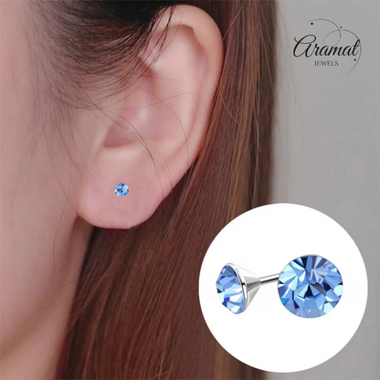 Boucles d'oreilles en acier et cristal avec pierre bleu clair – Couleur argent – ​​3 mm
