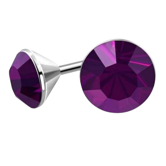 Boucles d'oreilles en acier et cristal avec pierres violettes – Couleur argent – ​​4 mm