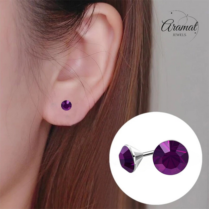 Boucles d'oreilles en acier et cristal avec pierres violettes – Couleur argent – ​​4 mm