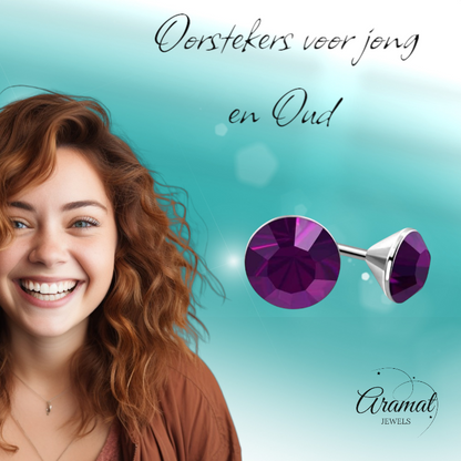 Boucles d'oreilles en acier et cristal avec pierres violettes – Couleur argent – ​​4 mm