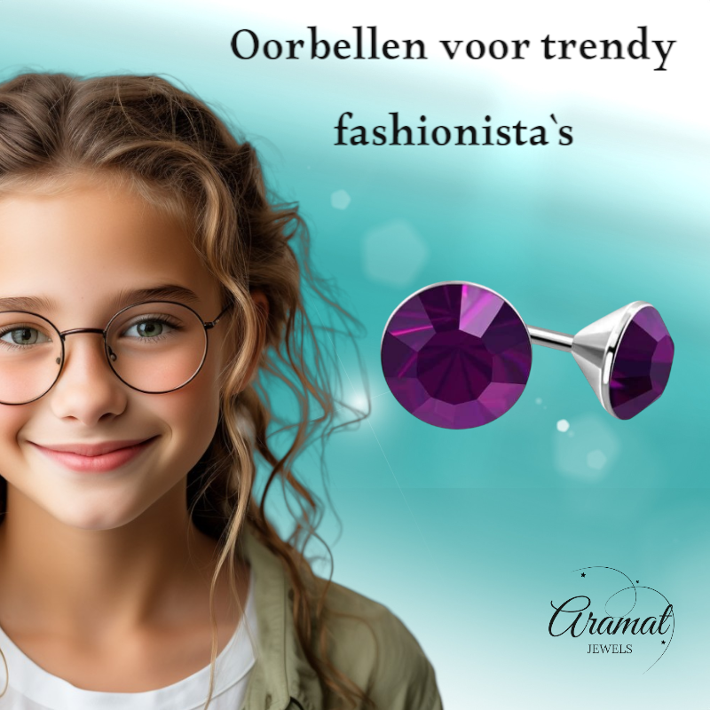 Boucles d'oreilles en acier et cristal avec pierres violettes – Couleur argent – ​​4 mm