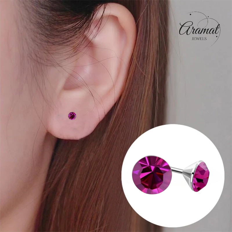 Boucles d'oreilles mini cristal rose – 3 mm – Acier inoxydable