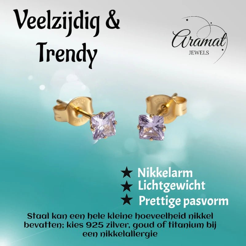 Oorbellen – RVS Goudkleur met Lila Vierkante Zirkonia (4mm) - Aramat Jewels - Oorbellen - cadeautip
